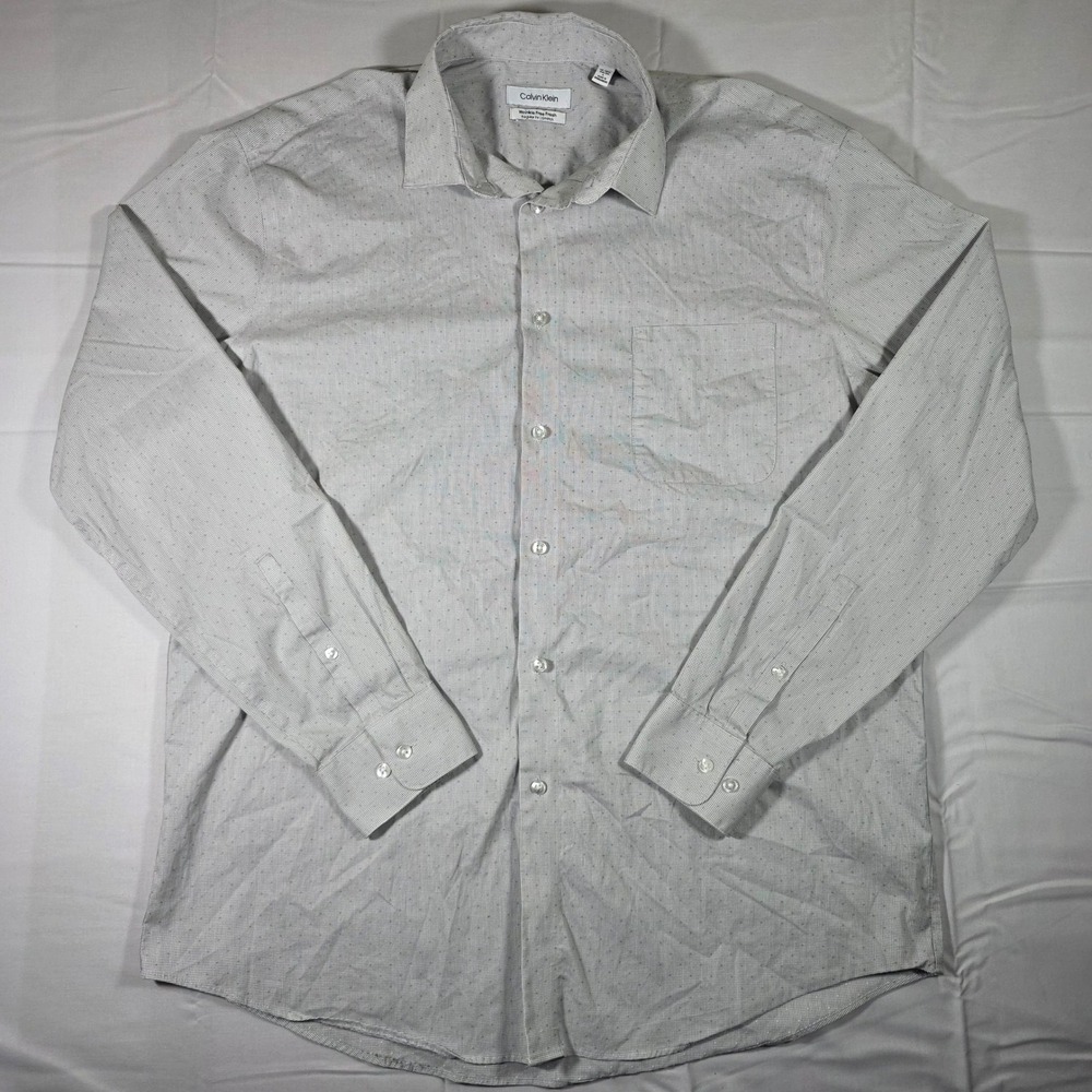 Calvin Klein Mens Gray Micro Pattern Wrinkle Free Stretch Dress Shirt L 16-16.5